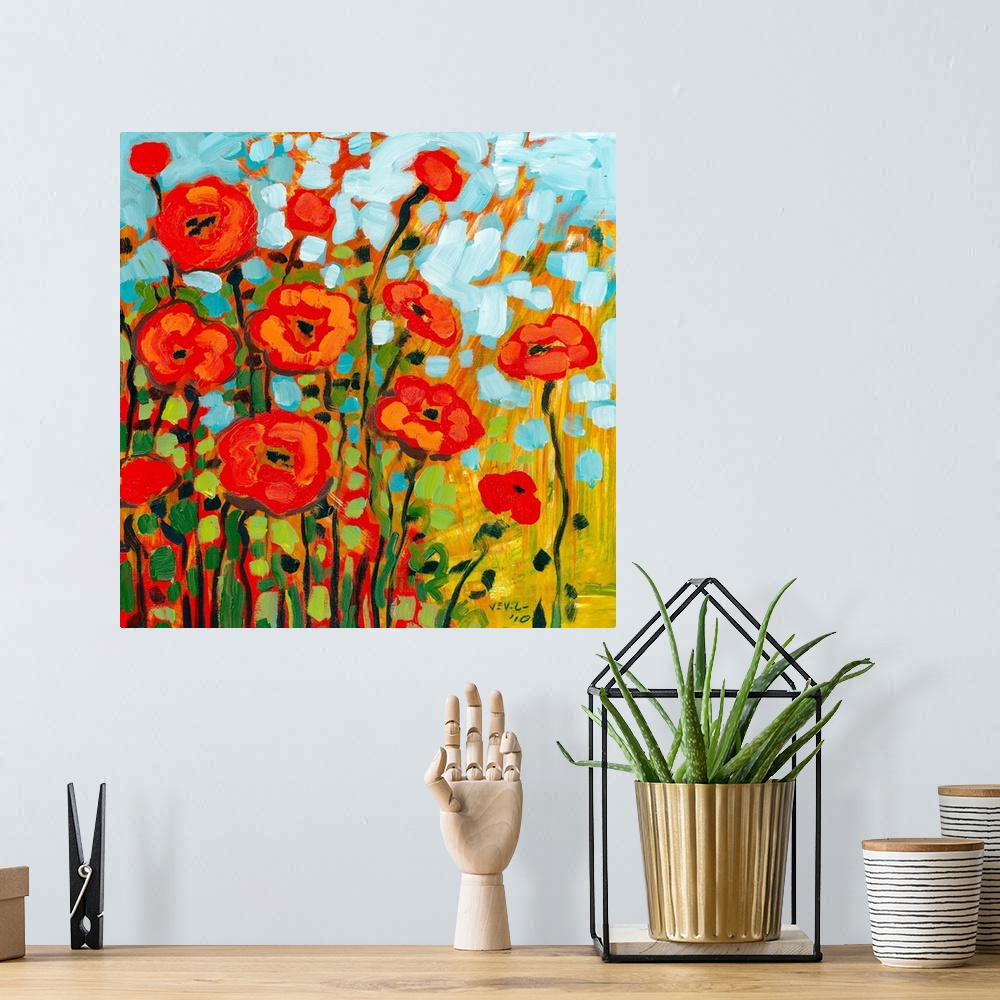 A bohemian room featuring Thick brush strokes makes a cheerful still life of flowers with contrasting colors.