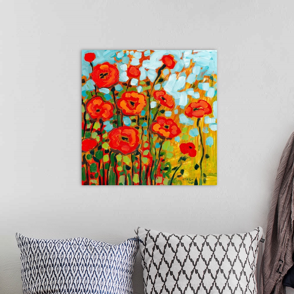A bohemian room featuring Thick brush strokes makes a cheerful still life of flowers with contrasting colors.