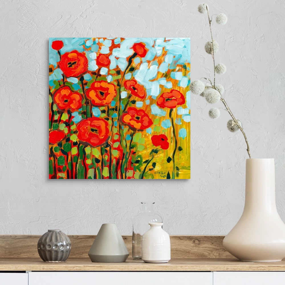 A farmhouse room featuring Thick brush strokes makes a cheerful still life of flowers with contrasting colors.