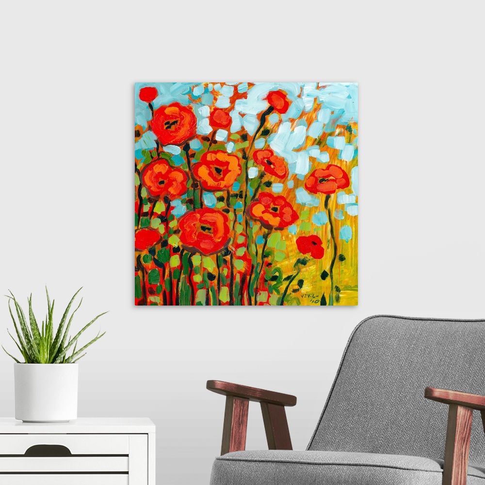 A modern room featuring Thick brush strokes makes a cheerful still life of flowers with contrasting colors.