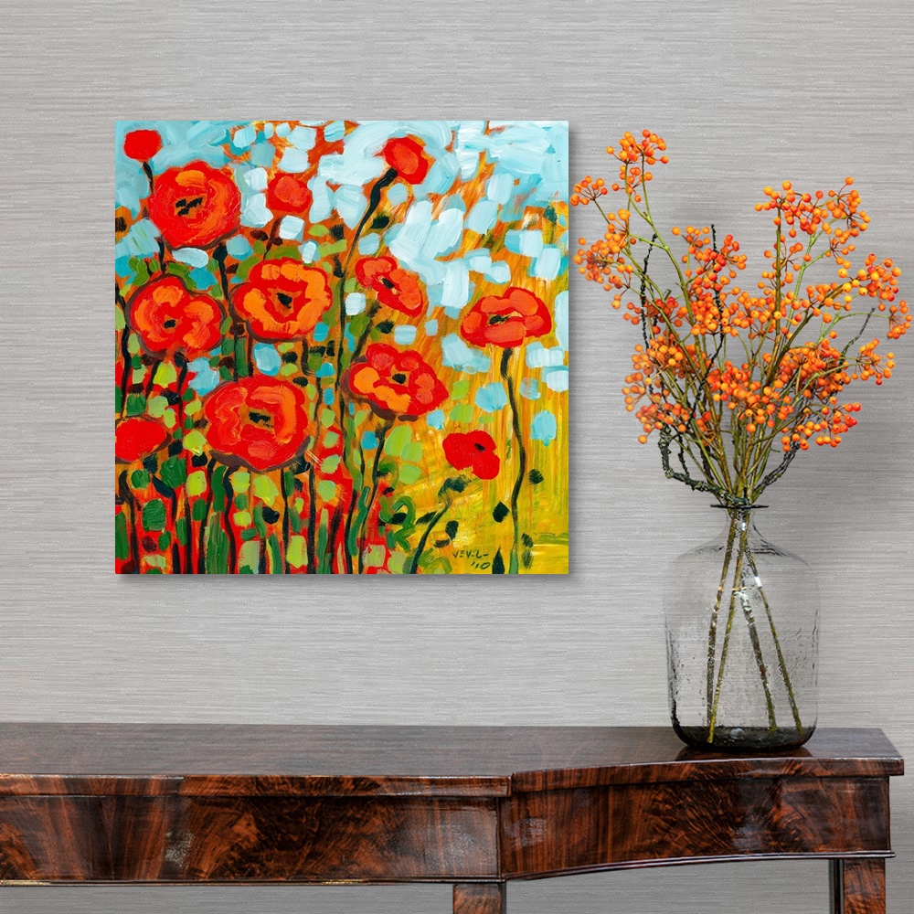 A traditional room featuring Thick brush strokes makes a cheerful still life of flowers with contrasting colors.