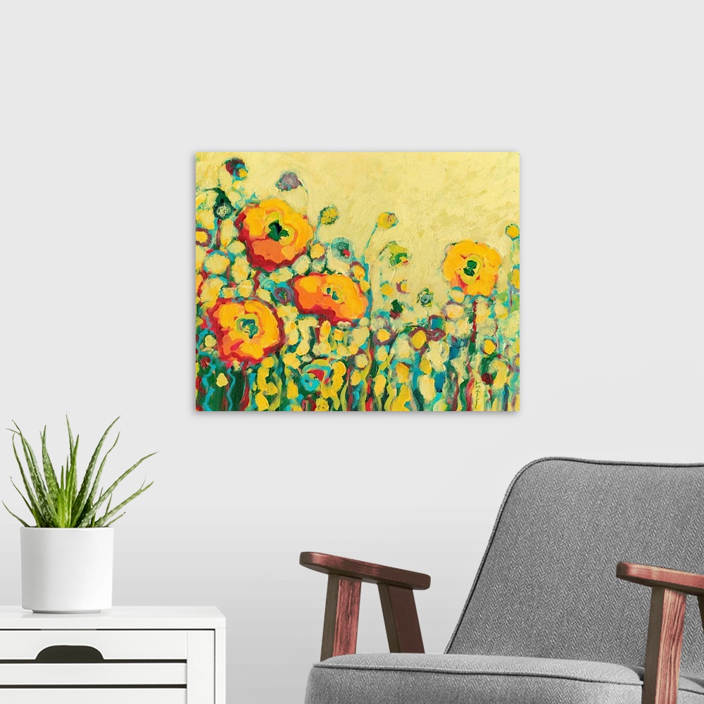 A modern room featuring A contemporary painting filled with abstract florals and plant life created with dry brushstrokes...