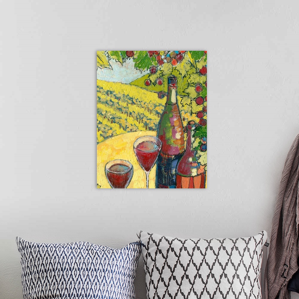 A bohemian room featuring Portrait, large painting of wine country in Oregon, two bottles and glasses of wine sit below bra...
