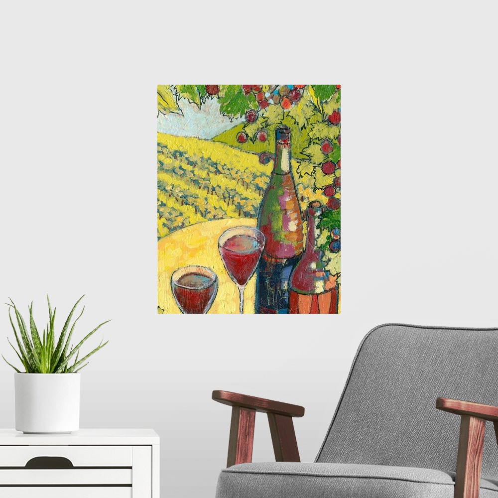 A modern room featuring Portrait, large painting of wine country in Oregon, two bottles and glasses of wine sit below bra...