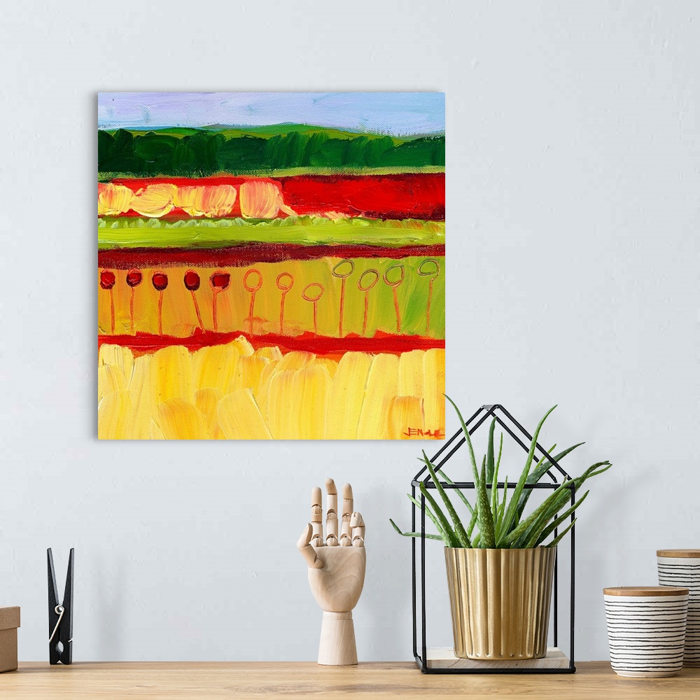 A bohemian room featuring Abstract painting of colorful fields with vegetation created with broad textured brush strokes.
