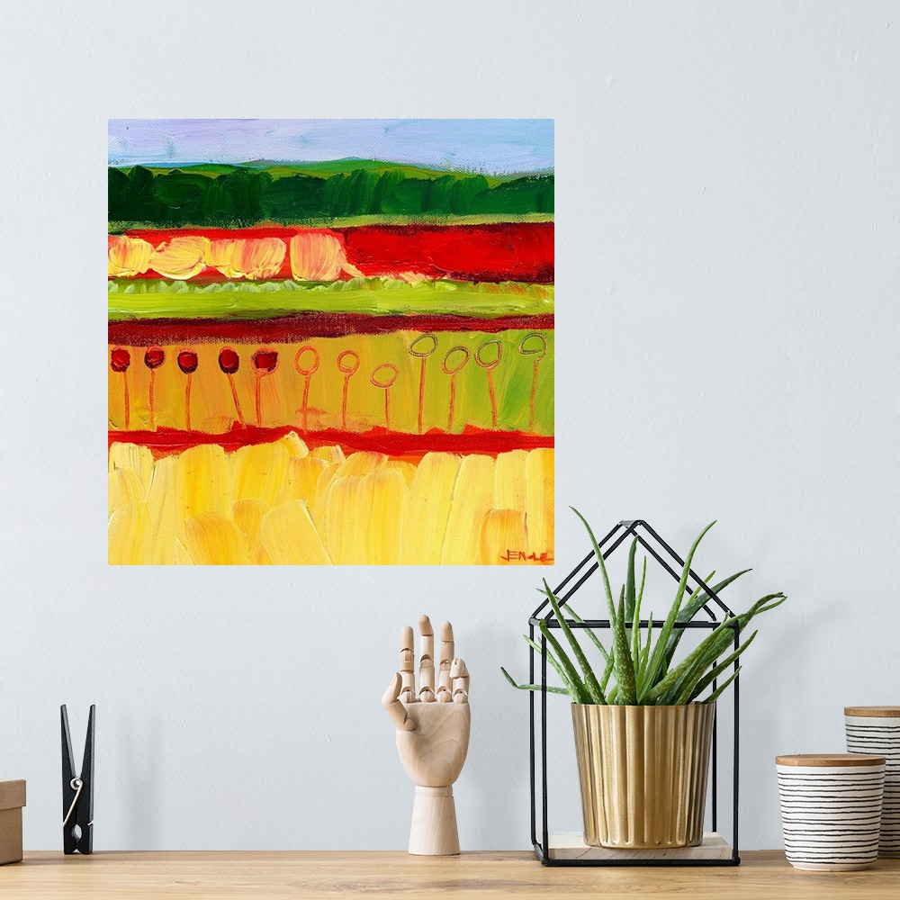 A bohemian room featuring Abstract painting of colorful fields with vegetation created with broad textured brush strokes.