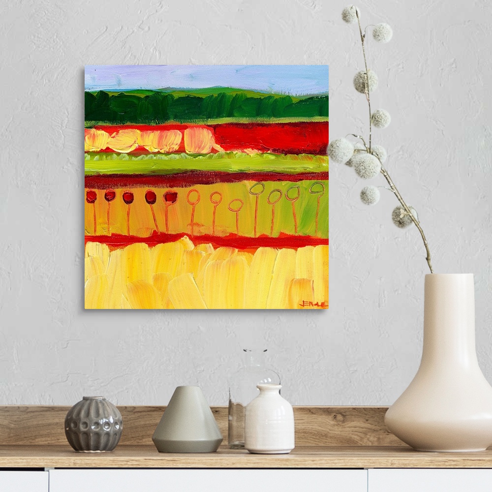 A farmhouse room featuring Abstract painting of colorful fields with vegetation created with broad textured brush strokes.