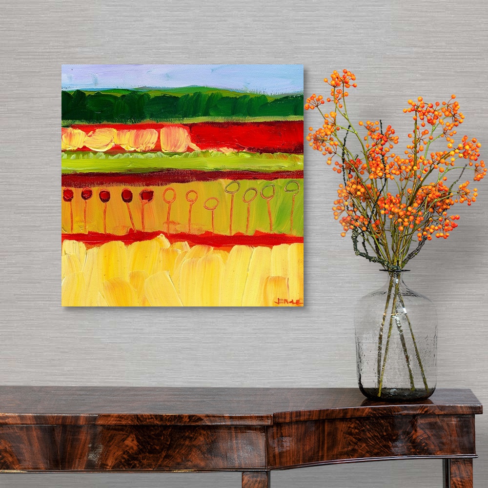 A traditional room featuring Abstract painting of colorful fields with vegetation created with broad textured brush strokes.