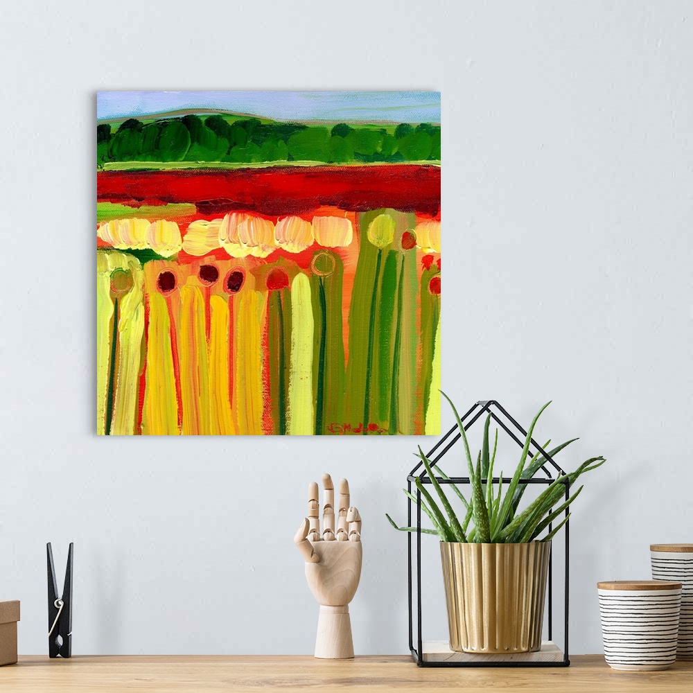 A bohemian room featuring This contemporary wall art is a geometric, abstract painting that is a landscape of flower fields...