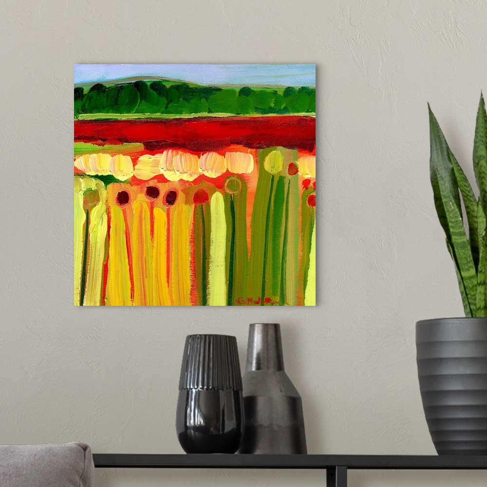A modern room featuring This contemporary wall art is a geometric, abstract painting that is a landscape of flower fields...
