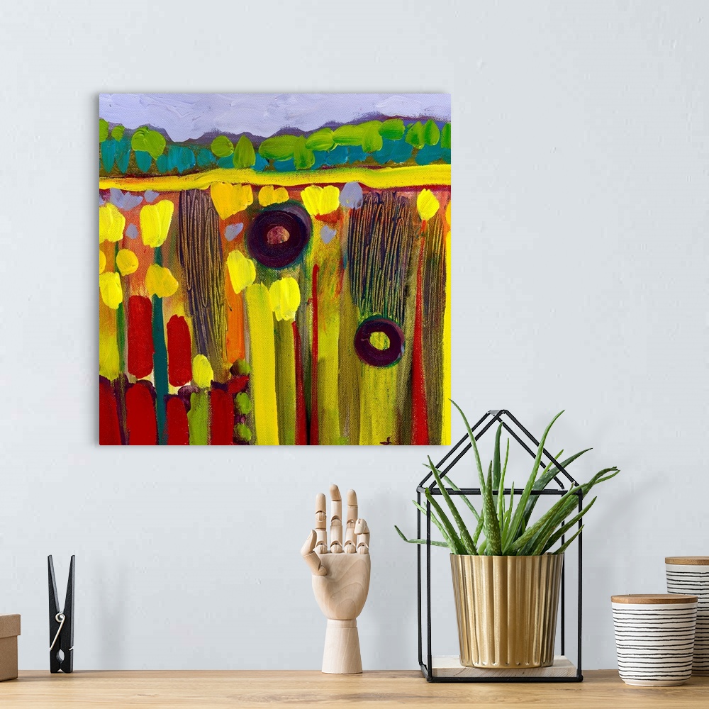 A bohemian room featuring Square, large abstract painting of lush fields of the Skagit Valley of Northwest Washington, a li...