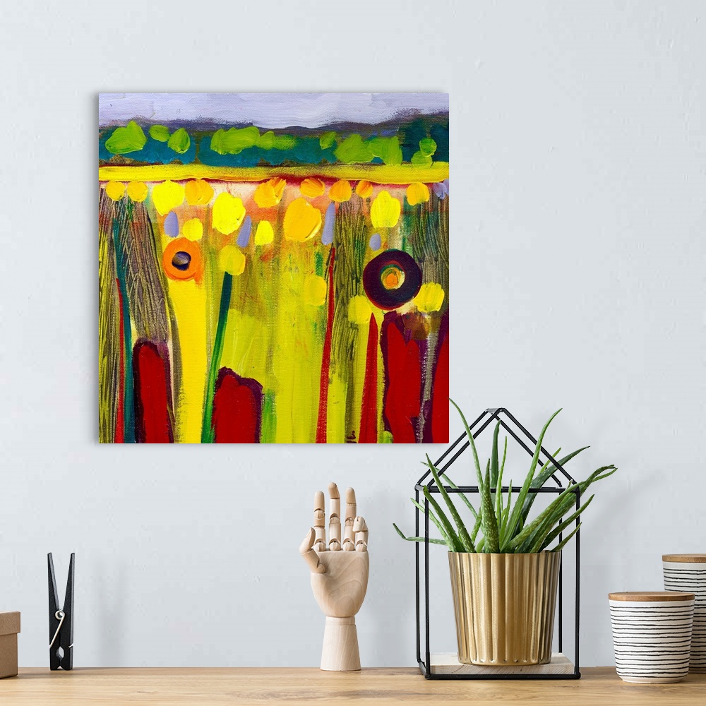 A bohemian room featuring Big, square abstract painting of bright , circular flowers in the lush fields of the Skagit Valle...