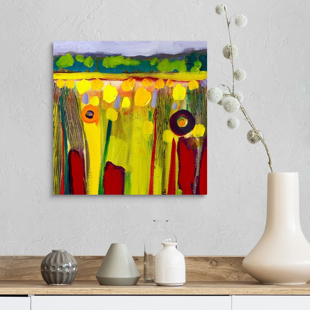A farmhouse room featuring Big, square abstract painting of bright , circular flowers in the lush fields of the Skagit Valle...