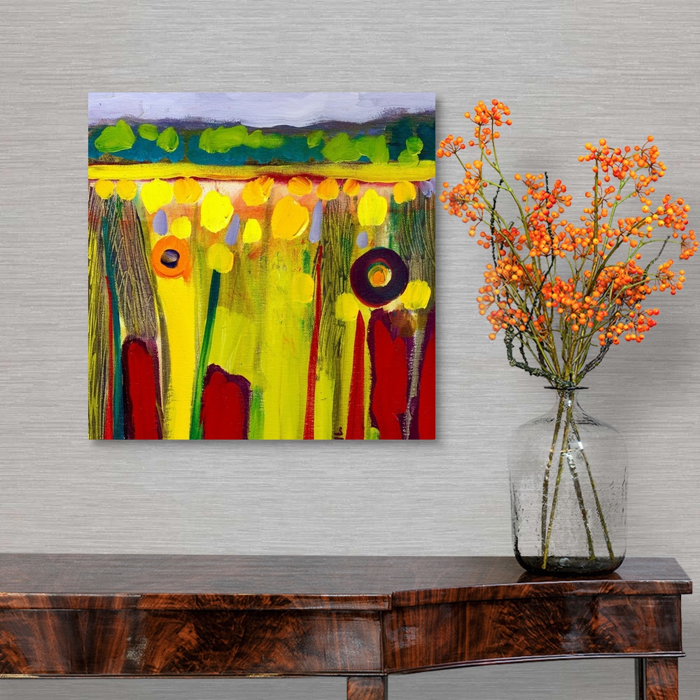 A traditional room featuring Big, square abstract painting of bright , circular flowers in the lush fields of the Skagit Valle...