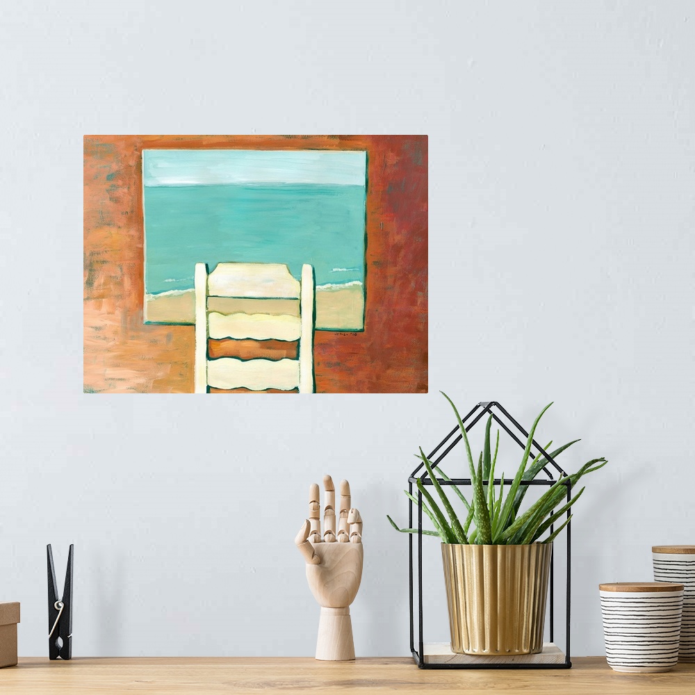 A bohemian room featuring Contemporary painting of a ladder back chair facing an open window, looking out onto the beach an...