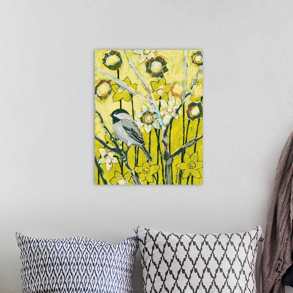 A bohemian room featuring This decorative wall hanging is a vertical painting of a small songbird on a branch surrounded by...