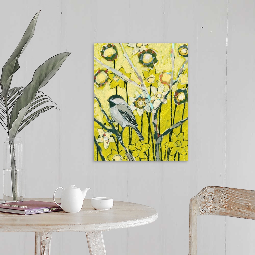 A farmhouse room featuring This decorative wall hanging is a vertical painting of a small songbird on a branch surrounded by...