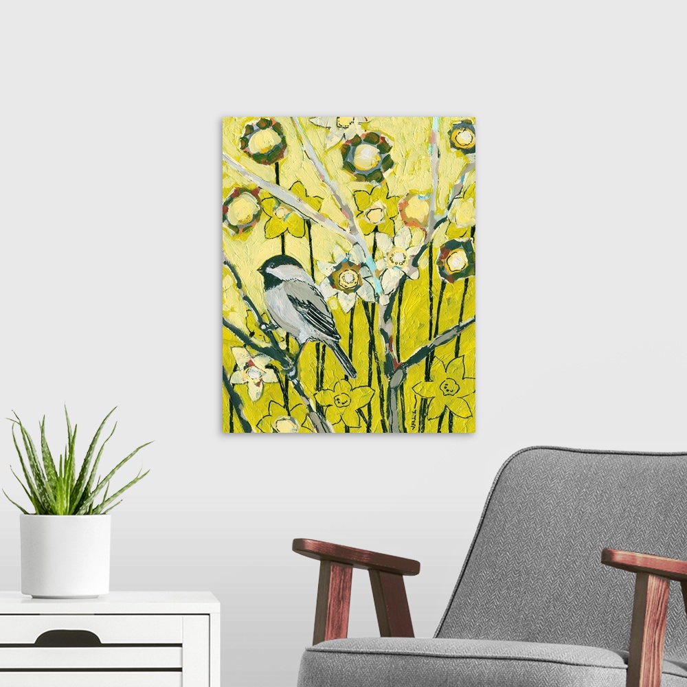 A modern room featuring This decorative wall hanging is a vertical painting of a small songbird on a branch surrounded by...