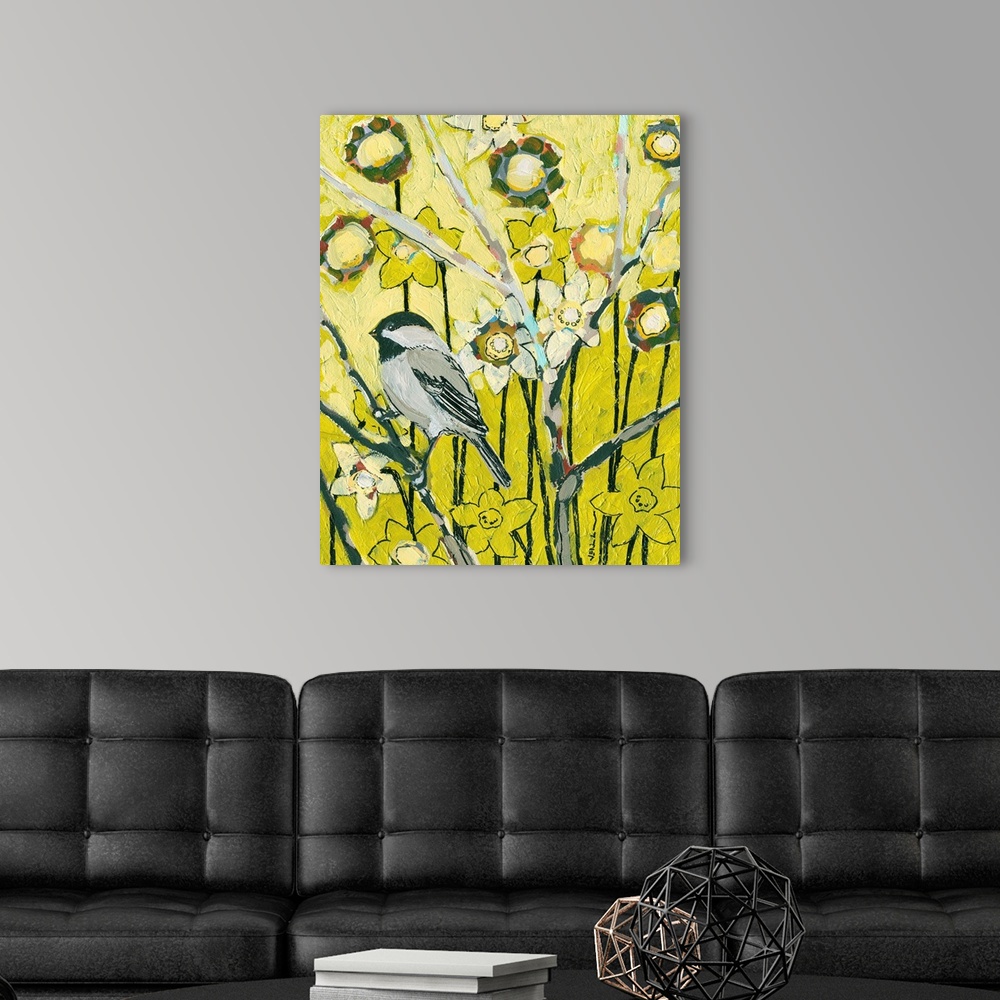 A modern room featuring This decorative wall hanging is a vertical painting of a small songbird on a branch surrounded by...