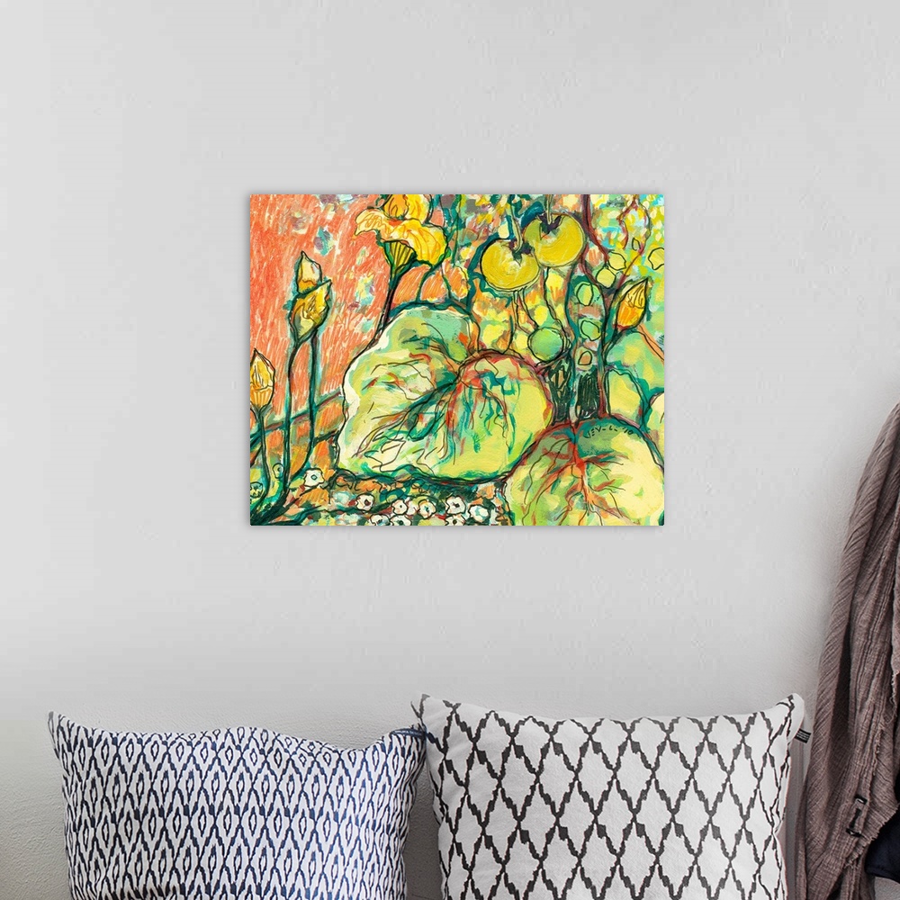 A bohemian room featuring Large abstract painting on canvas of vegetables growing in a garden with flowers at the bottom.