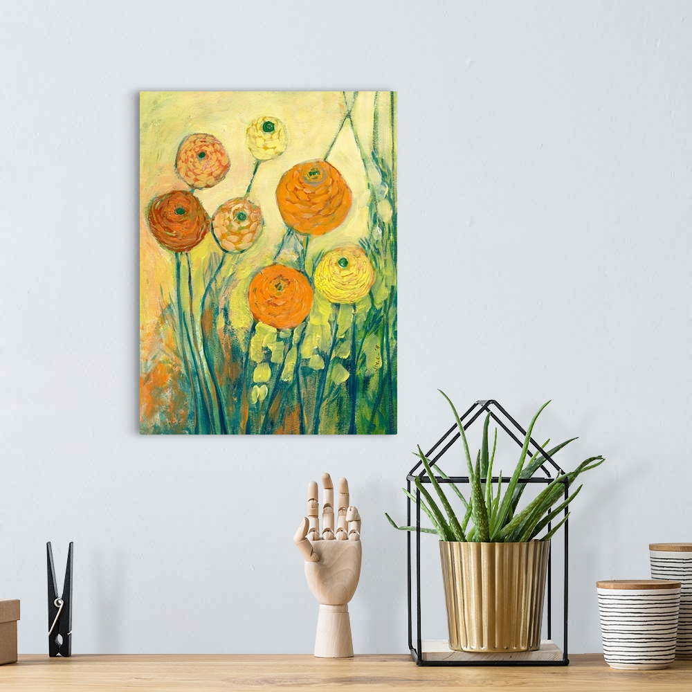A bohemian room featuring Contemporary painting of bright flower blossoms mixed in with tall grass under a bright clear sky.