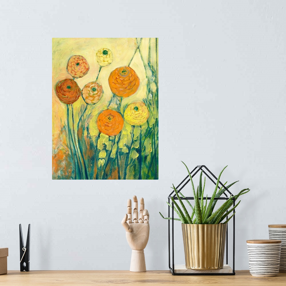 A bohemian room featuring Contemporary painting of bright flower blossoms mixed in with tall grass under a bright clear sky.