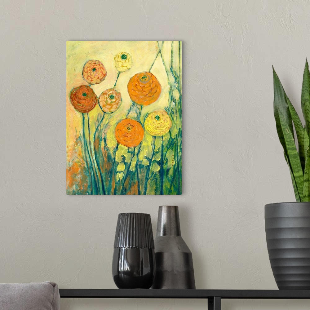 A modern room featuring Contemporary painting of bright flower blossoms mixed in with tall grass under a bright clear sky.