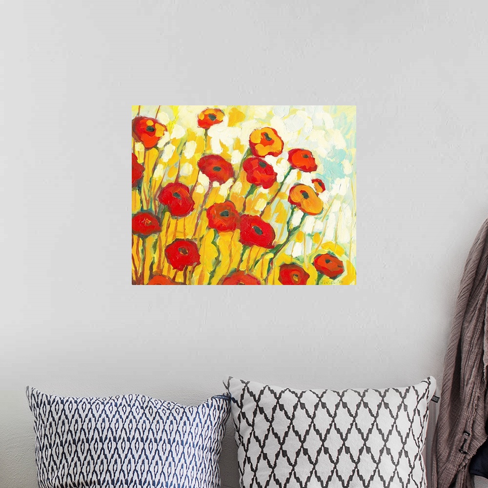 A bohemian room featuring Boldly colored contemporary painting of poppy blossoms with abstract background made of brush str...