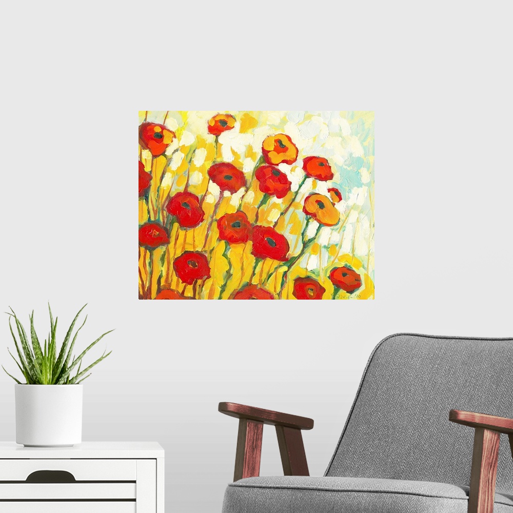 A modern room featuring Boldly colored contemporary painting of poppy blossoms with abstract background made of brush str...