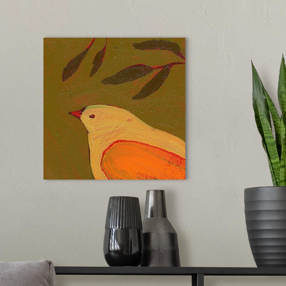 A modern room featuring Contemporary artwork of a large bird in the lower right corner with an olive branch hanging over it.