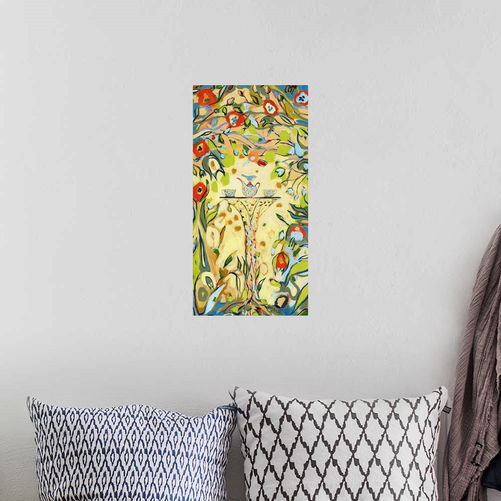 A bohemian room featuring Whimsical painting of a bird sitting on a tea set on a table surrounded by bright flowers and vines.