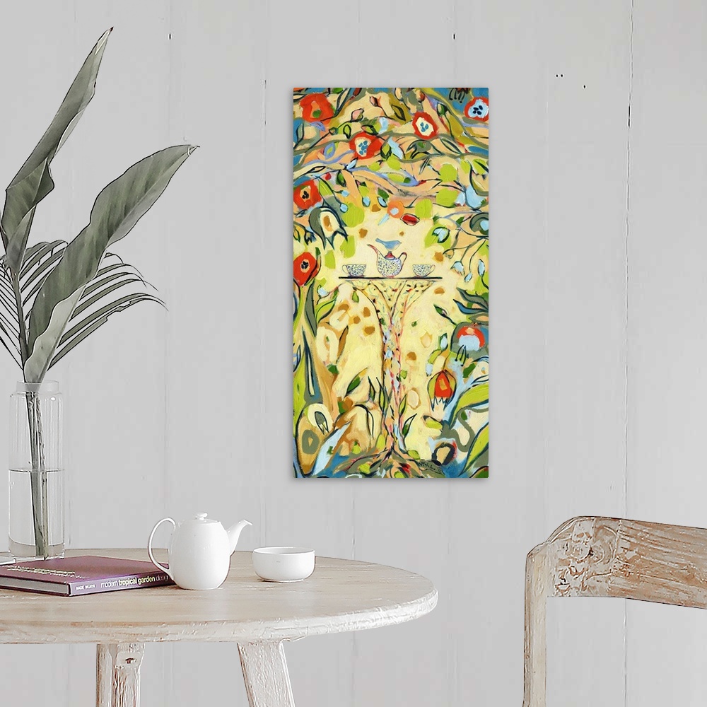 A farmhouse room featuring Whimsical painting of a bird sitting on a tea set on a table surrounded by bright flowers and vines.