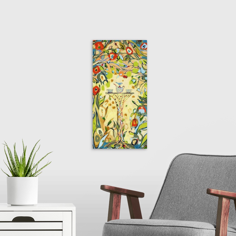 A modern room featuring Whimsical painting of a bird sitting on a tea set on a table surrounded by bright flowers and vines.