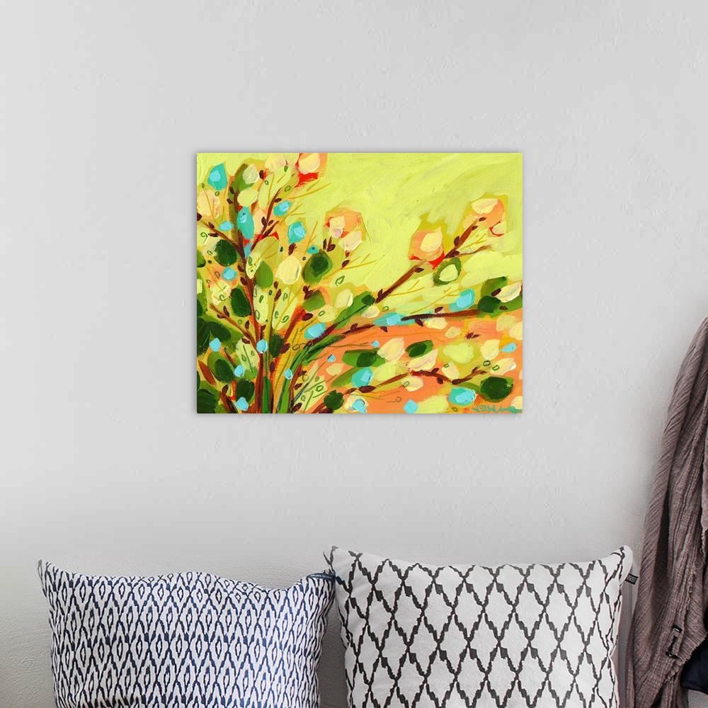 A bohemian room featuring A contemporary abstract still life of flowers and leaves. This horizontal painting was created wi...