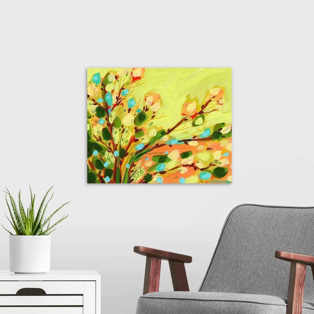 A modern room featuring A contemporary abstract still life of flowers and leaves. This horizontal painting was created wi...