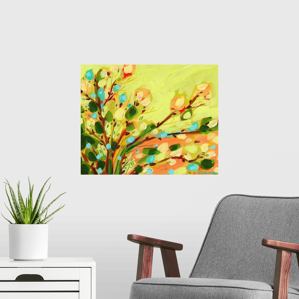 A modern room featuring A contemporary abstract still life of flowers and leaves. This horizontal painting was created wi...