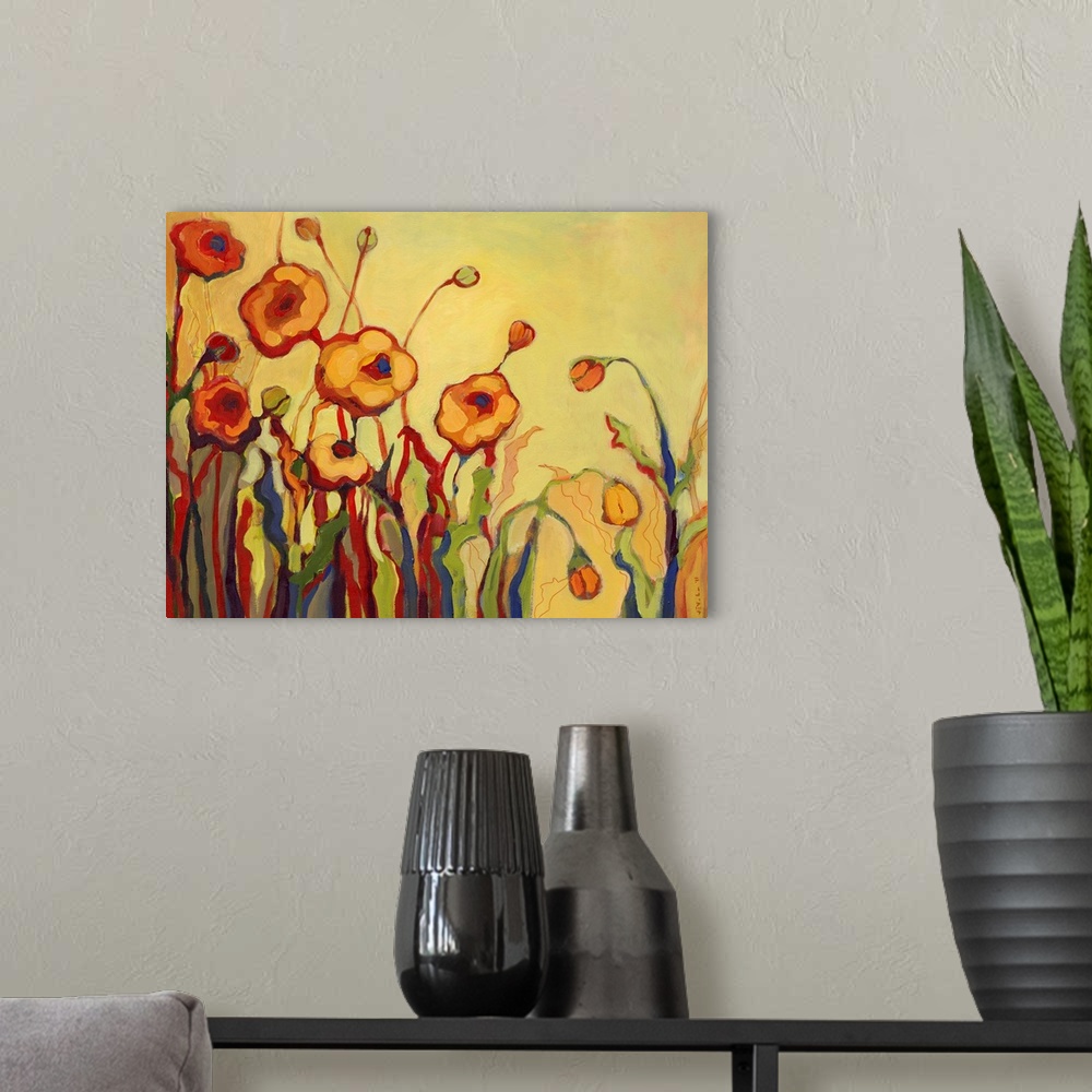 A modern room featuring Abstract painting of flowers, some open and some closed, against a bright background.