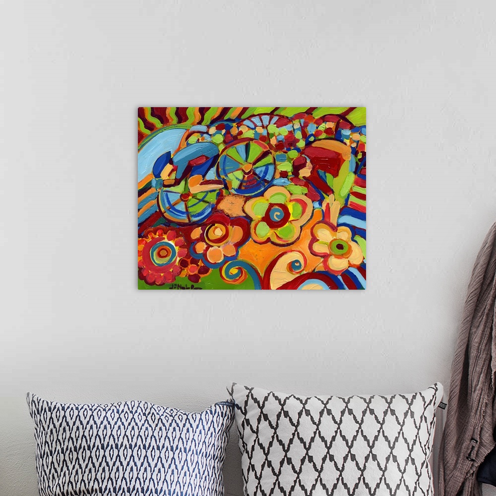 A bohemian room featuring This contemporary painting shows an abstract cyclist racing through a field of oversized stylized...