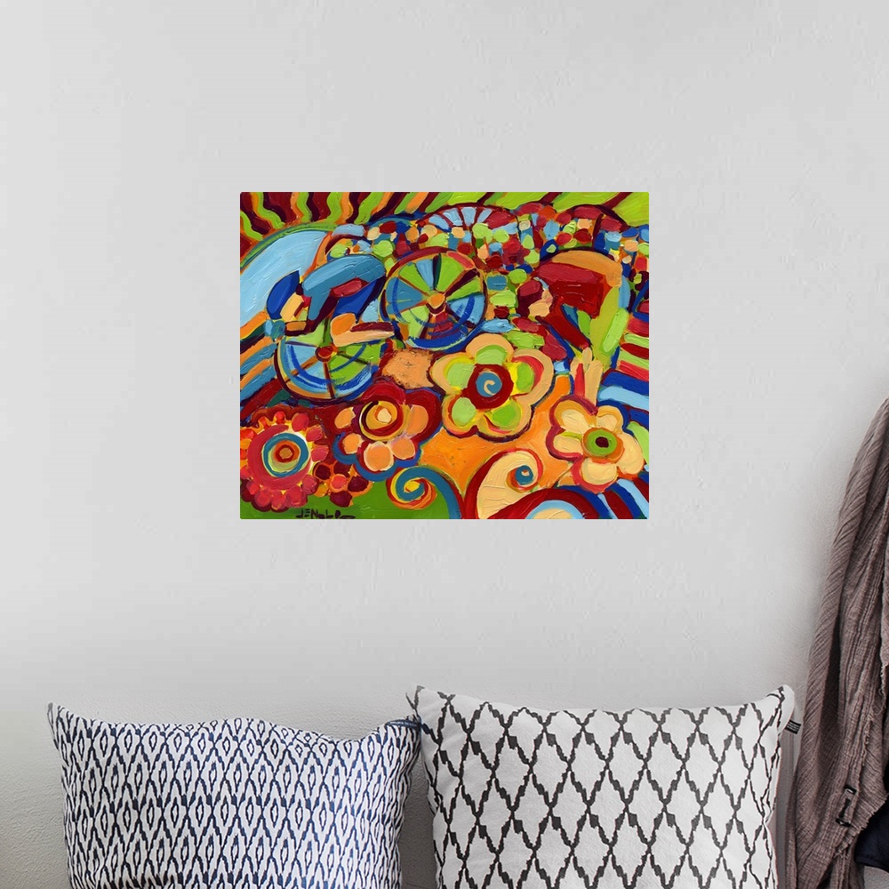 A bohemian room featuring This contemporary painting shows an abstract cyclist racing through a field of oversized stylized...