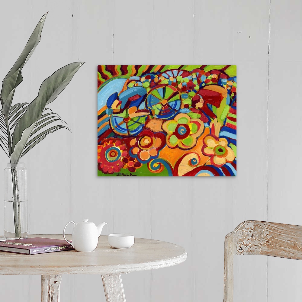A farmhouse room featuring This contemporary painting shows an abstract cyclist racing through a field of oversized stylized...