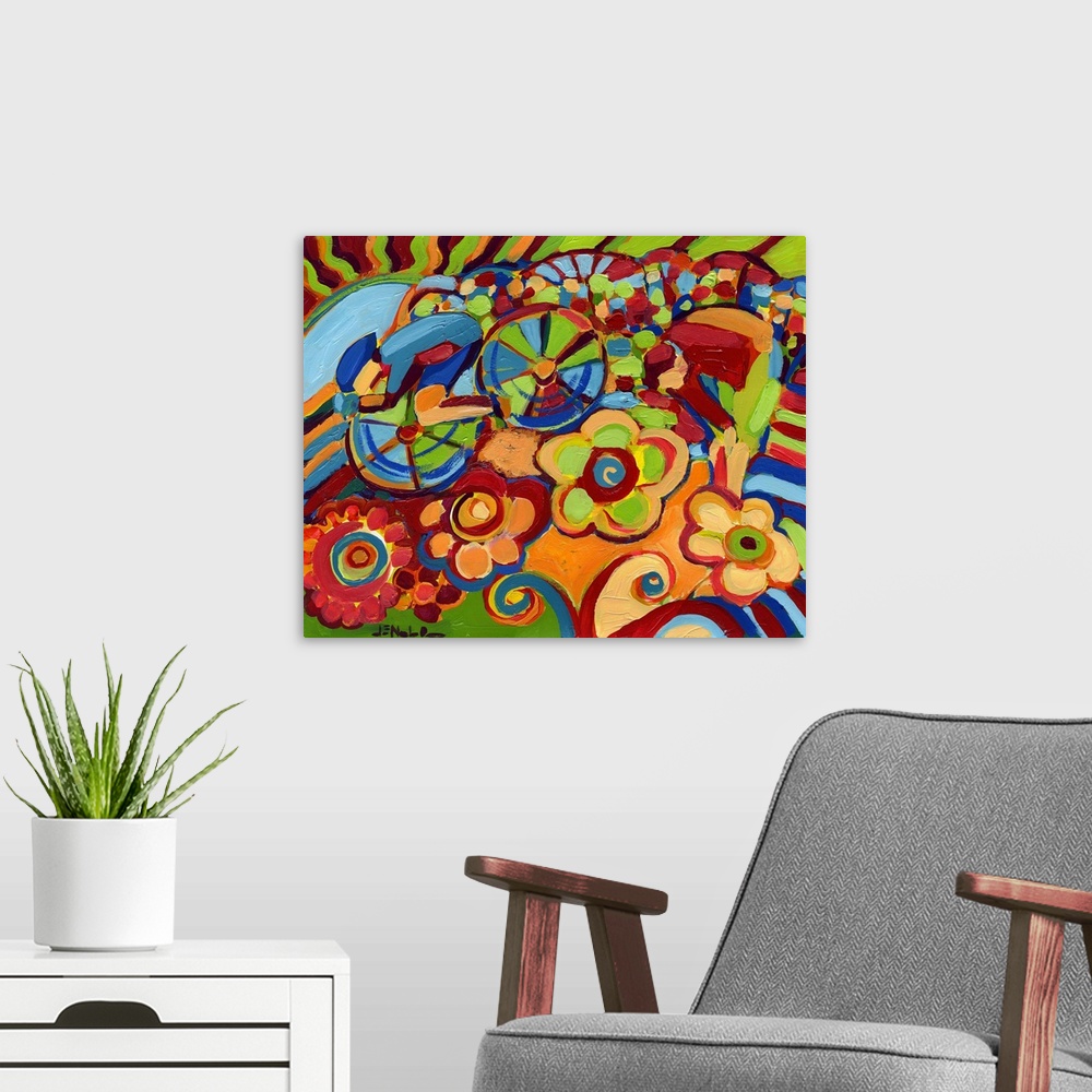 A modern room featuring This contemporary painting shows an abstract cyclist racing through a field of oversized stylized...