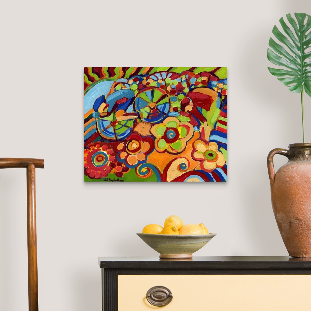 A traditional room featuring This contemporary painting shows an abstract cyclist racing through a field of oversized stylized...
