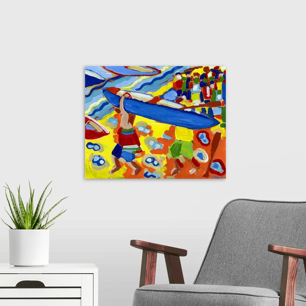 A modern room featuring Horizontal, contemporary painting of two figures carrying a canoe toward the water, a crowd watch...