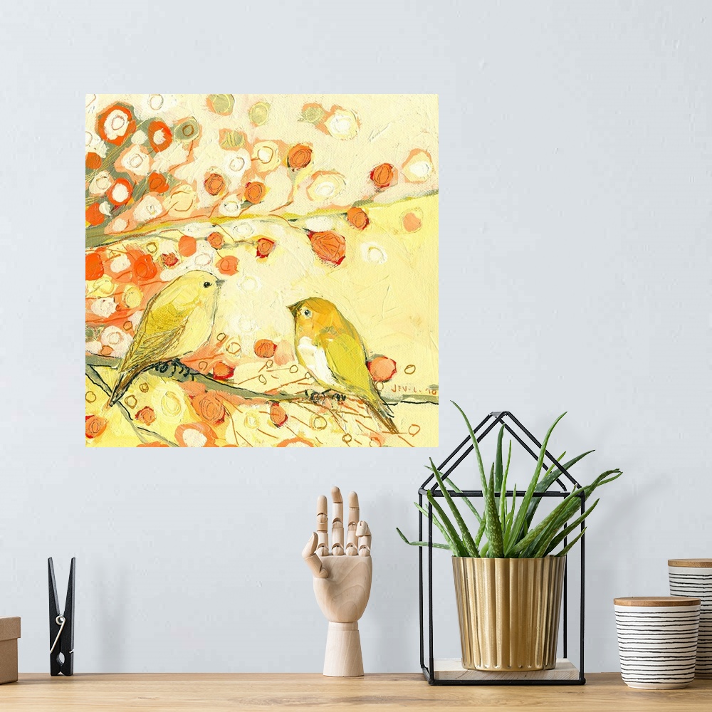 A bohemian room featuring Big, square wall painting in warm and golden tones of two birds facing each other on a branch, an...