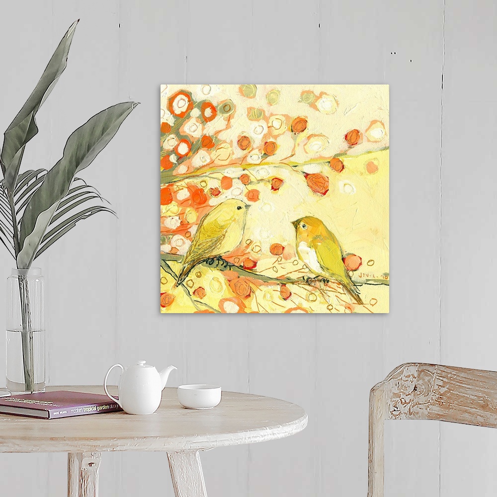 A farmhouse room featuring Big, square wall painting in warm and golden tones of two birds facing each other on a branch, an...
