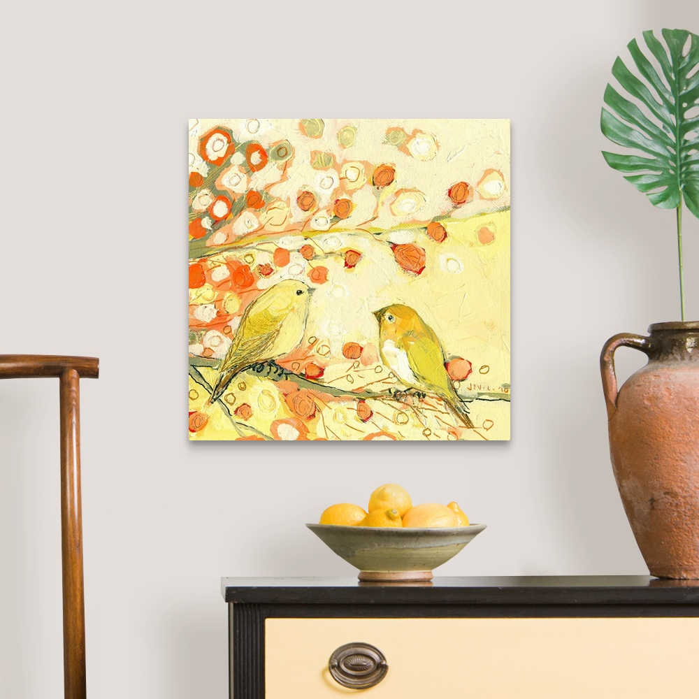 A traditional room featuring Big, square wall painting in warm and golden tones of two birds facing each other on a branch, an...