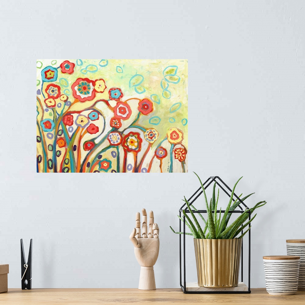 A bohemian room featuring This horizontal wall art features stylized flowers created with energetic brush strokes in an abs...