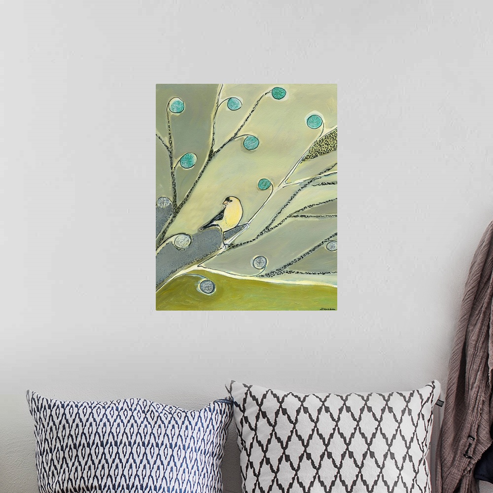 A bohemian room featuring Vertical painting of a lone realistically drawn bird sitting on abstract stylized branches and fl...