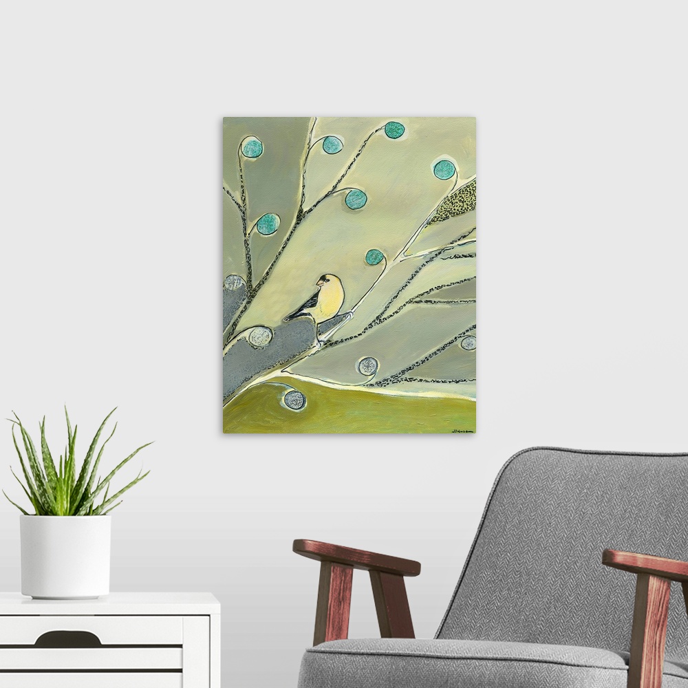 A modern room featuring Vertical painting of a lone realistically drawn bird sitting on abstract stylized branches and fl...