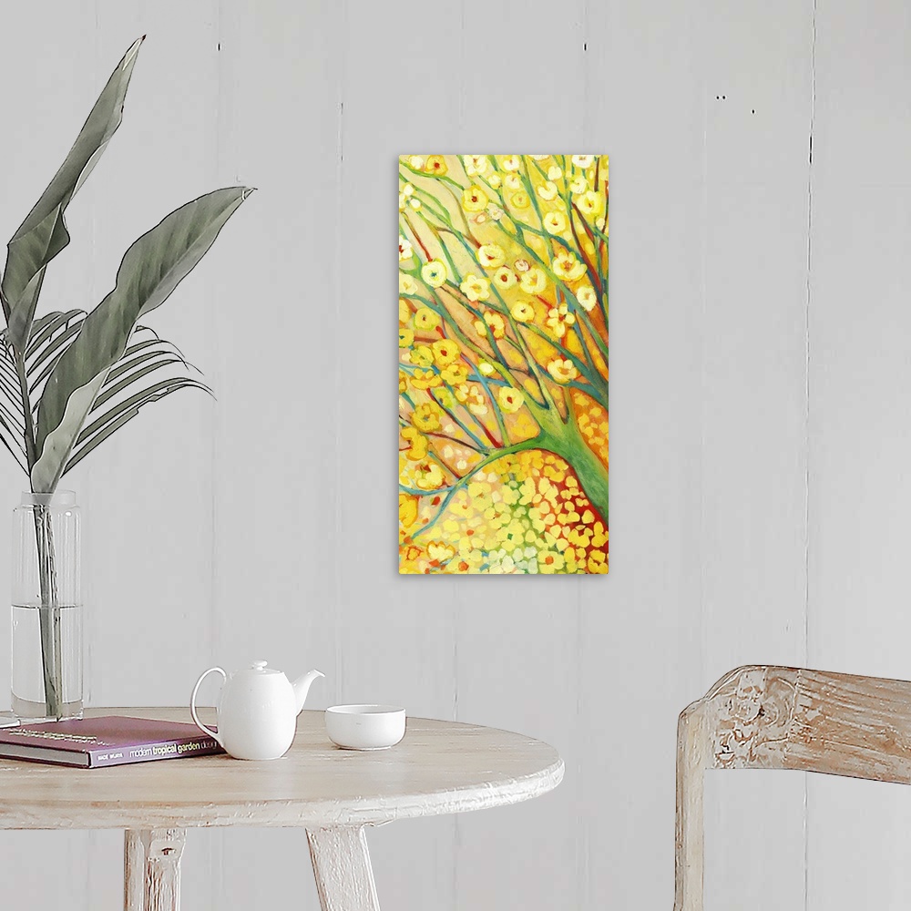 A farmhouse room featuring Budding yellow flowers sprout from tree branches and fall below on this vertical print.
